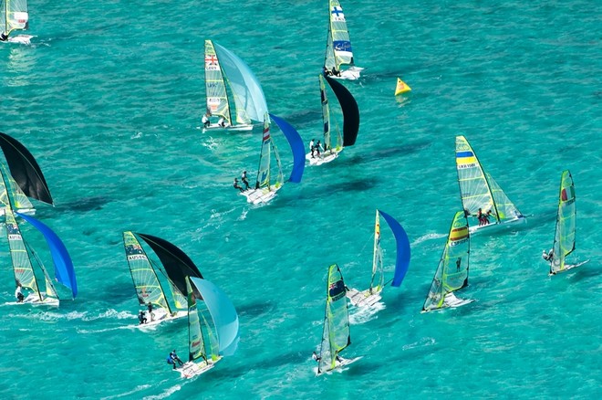 Tight racing at the gate mark - see boat shadows on the bottom - 49er Worlds - Bahamas © Fried Elliott http://www.friedbits.com